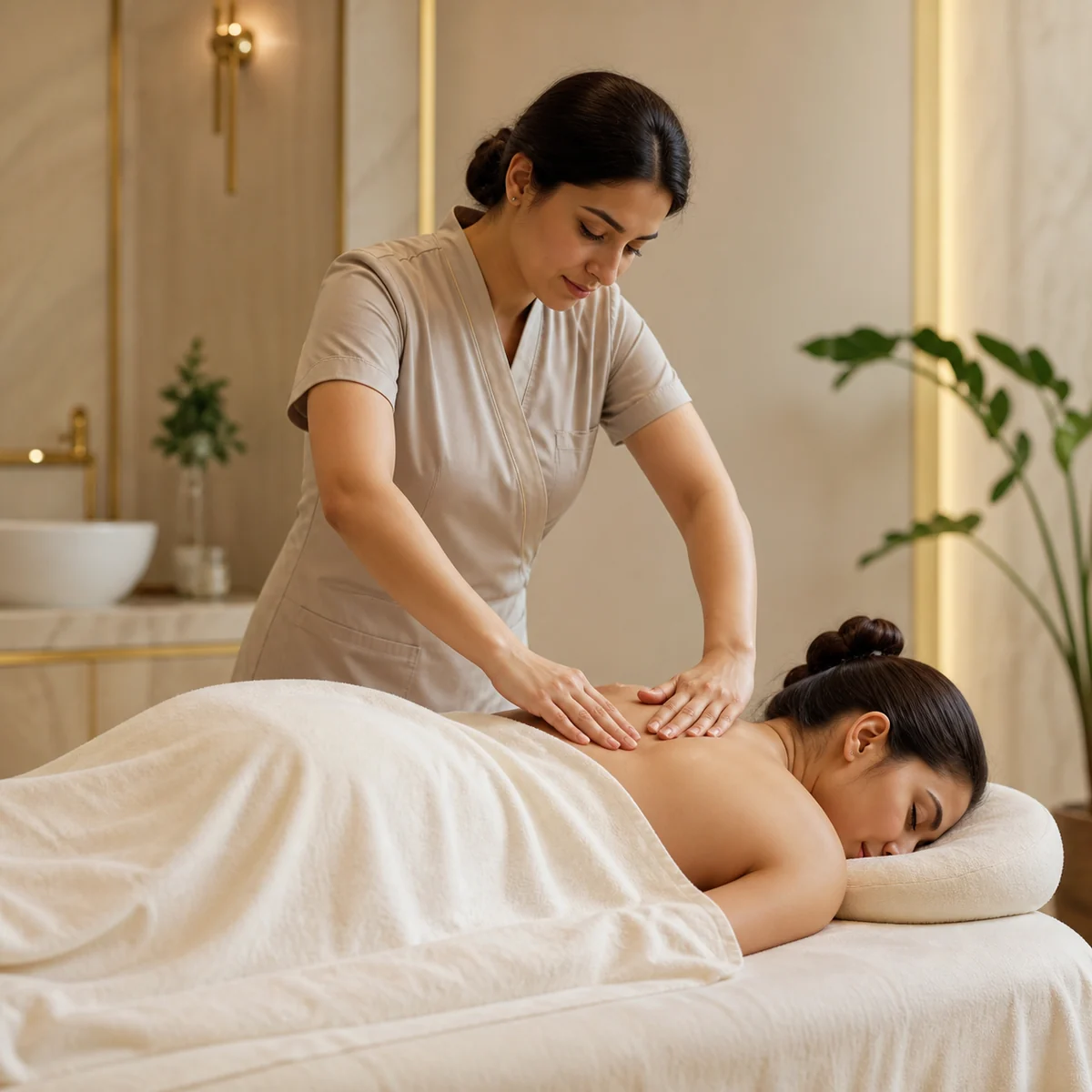 Woman enjoying a professional shoulder massage in a private ladies salon in Riyadh