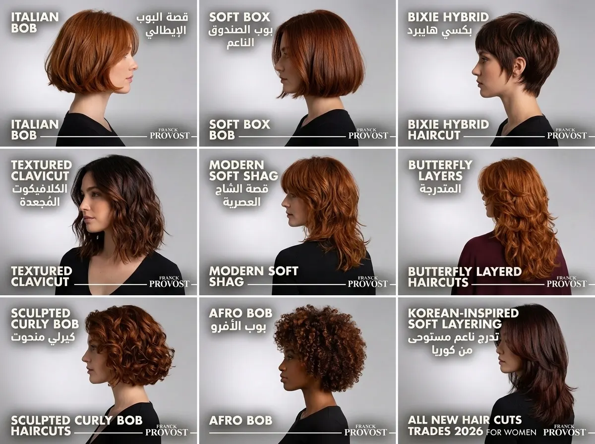 Haircut inspiration collage featuring bobs, pixies, layered cuts and curly styles