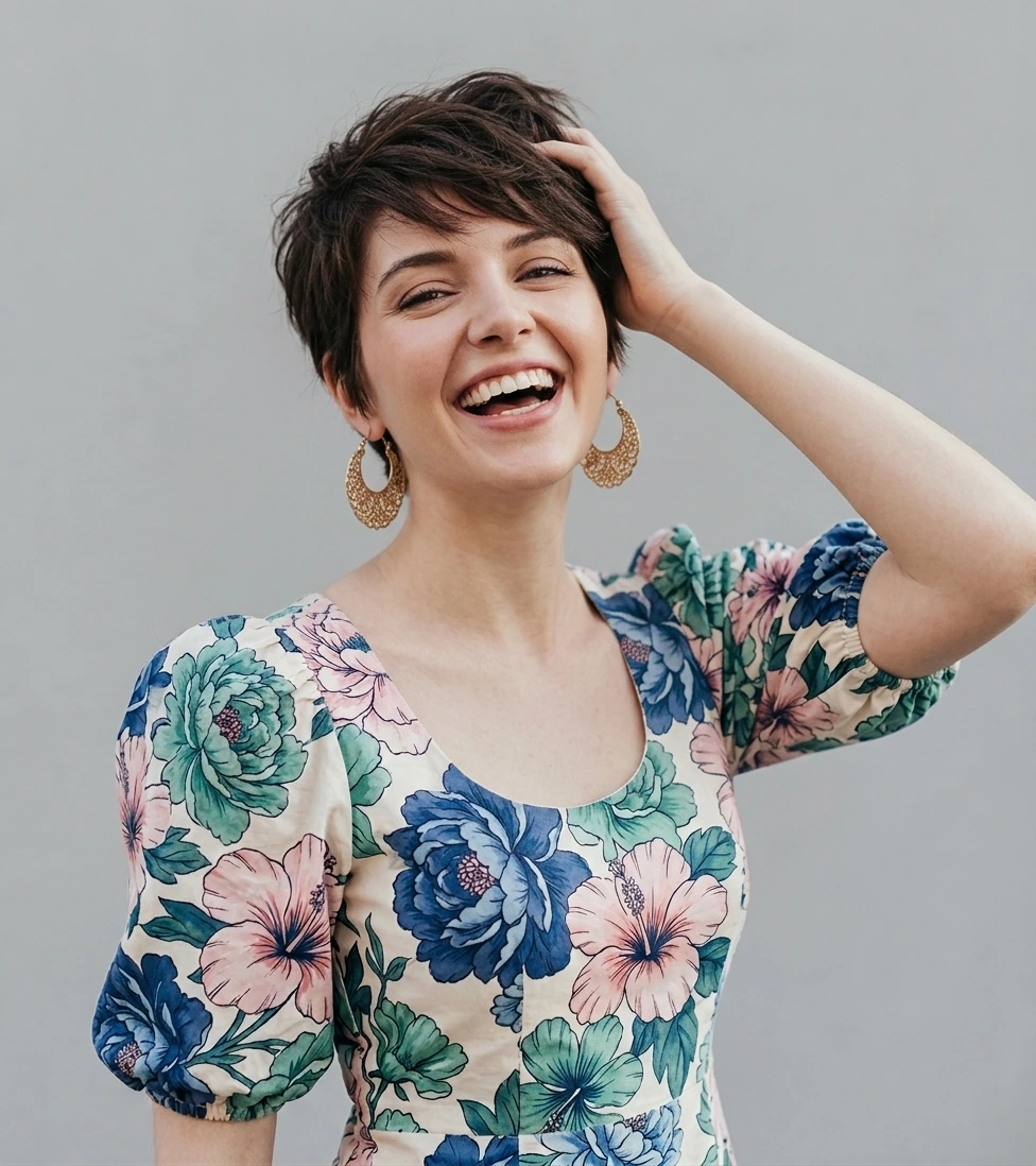 Woman with a short layered pixie haircut and side-swept fringe