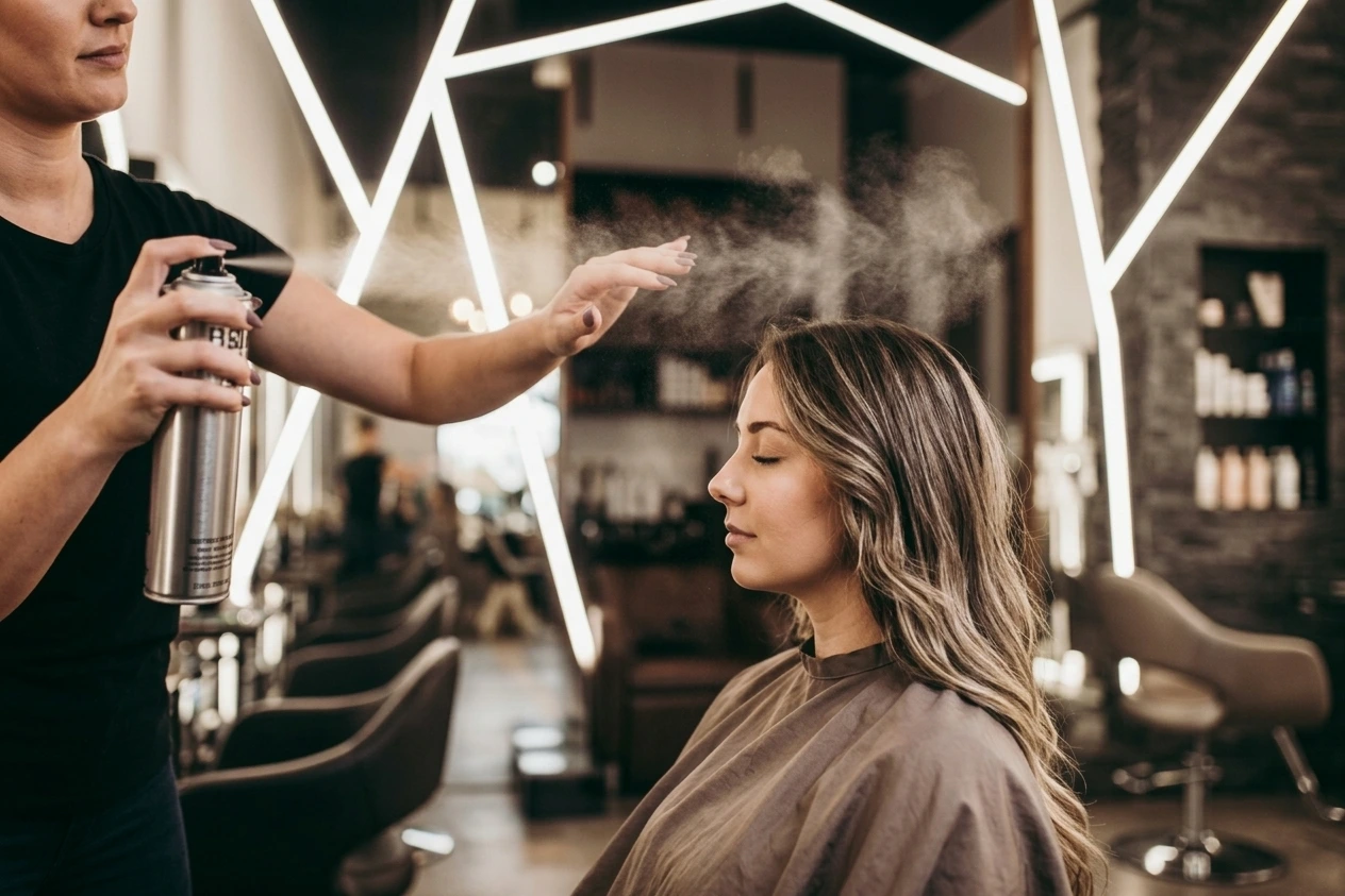 Hair stylist finishing a client’s highlighted hair in a women-only Riyadh salon