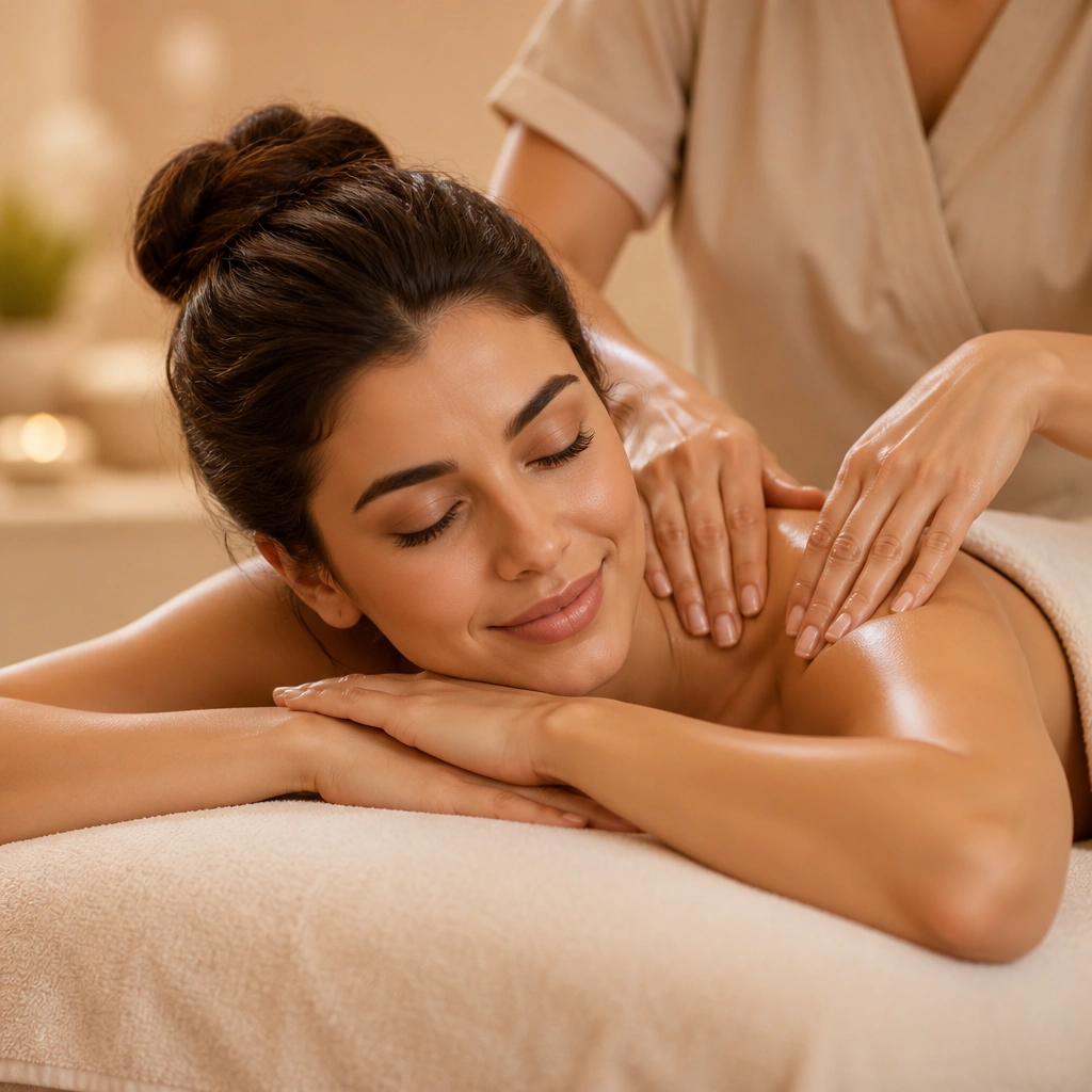 Woman receiving a relaxing shoulder massage from a female therapist